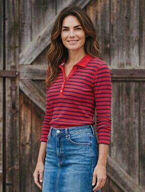 Vintage Y2K Tommy Hilfiger Red and Navy Striped Button-Down Polo